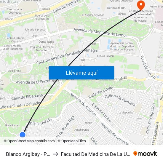 Blanco Argibay - Paseo De La Dirección to Facultad De Medicina De La Universidad Autónoma De Madrid map