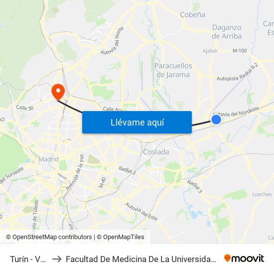 Turín - Veredilla to Facultad De Medicina De La Universidad Autónoma De Madrid map