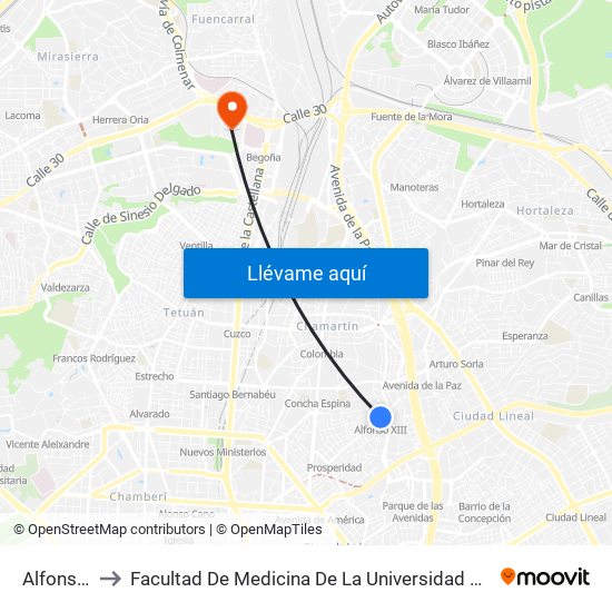 Alfonso XIII to Facultad De Medicina De La Universidad Autónoma De Madrid map
