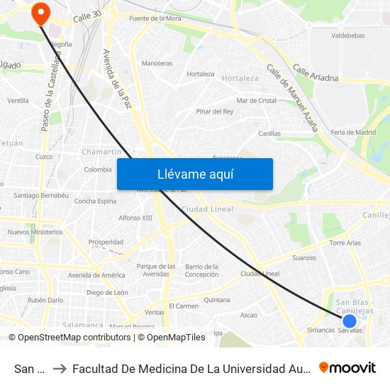 San Blas to Facultad De Medicina De La Universidad Autónoma De Madrid map