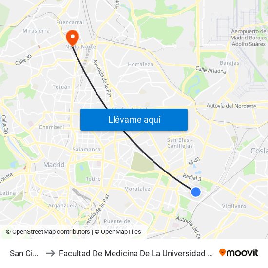 San Cipriano to Facultad De Medicina De La Universidad Autónoma De Madrid map