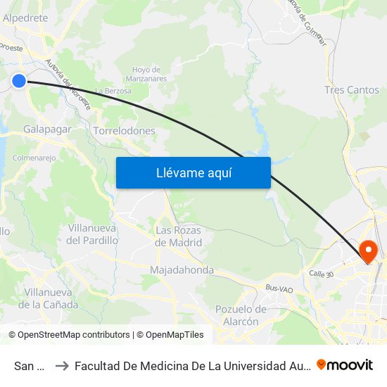 San Yago to Facultad De Medicina De La Universidad Autónoma De Madrid map
