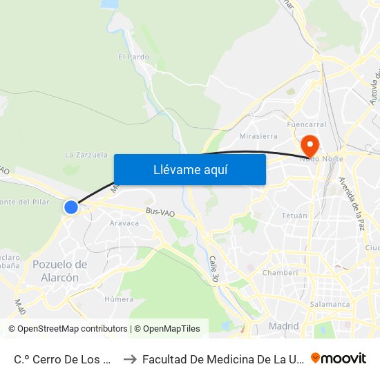 C.º Cerro De Los Gamos - Est. El Barrial to Facultad De Medicina De La Universidad Autónoma De Madrid map