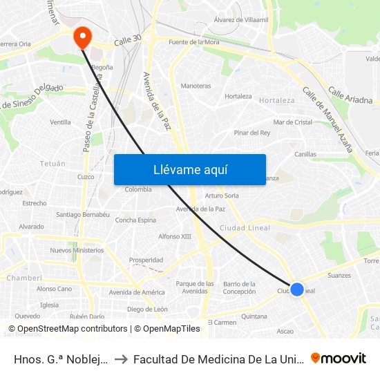 Hnos. G.ª Noblejas - Ciudad Lineal to Facultad De Medicina De La Universidad Autónoma De Madrid map
