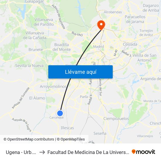 Ugena - Urb. Los Llanos to Facultad De Medicina De La Universidad Autónoma De Madrid map