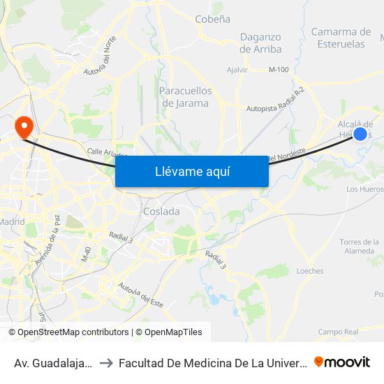 Av. Guadalajara - Brihuega to Facultad De Medicina De La Universidad Autónoma De Madrid map