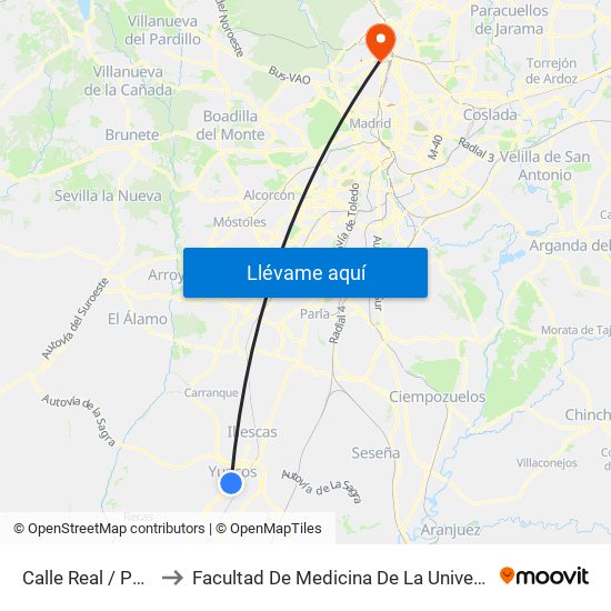 Calle Real / Parque, Yuncos to Facultad De Medicina De La Universidad Autónoma De Madrid map