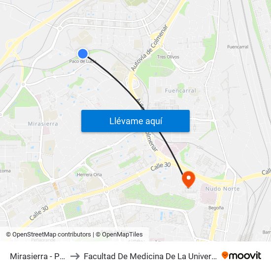 Mirasierra - Paco De Lucía to Facultad De Medicina De La Universidad Autónoma De Madrid map