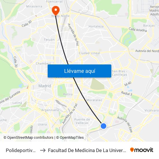 Polideportivo Palomeras to Facultad De Medicina De La Universidad Autónoma De Madrid map