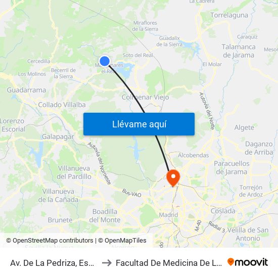 Av. De La Pedriza, Esq. Calle Montañero (Camping) to Facultad De Medicina De La Universidad Autónoma De Madrid map