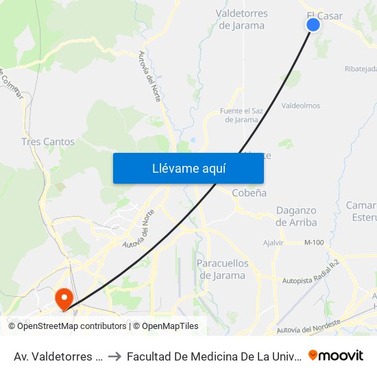 Av. Valdetorres - Sofía, El Casar to Facultad De Medicina De La Universidad Autónoma De Madrid map