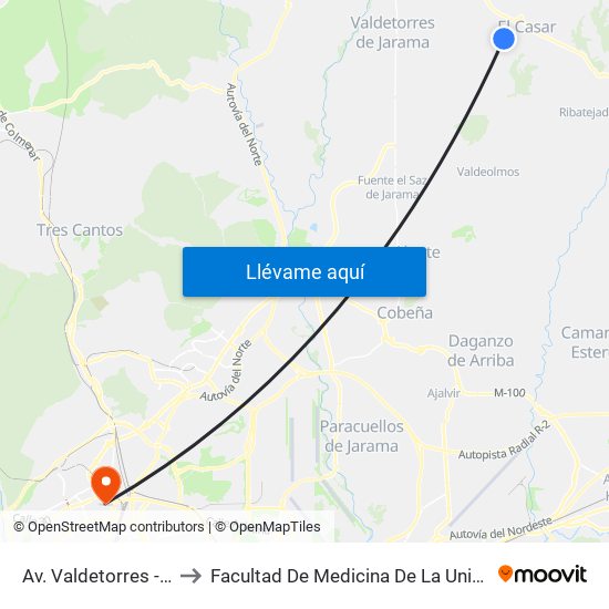Av. Valdetorres - Madrid, El Casar to Facultad De Medicina De La Universidad Autónoma De Madrid map