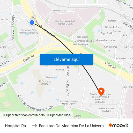 Hospital Ramón Y Cajal to Facultad De Medicina De La Universidad Autónoma De Madrid map
