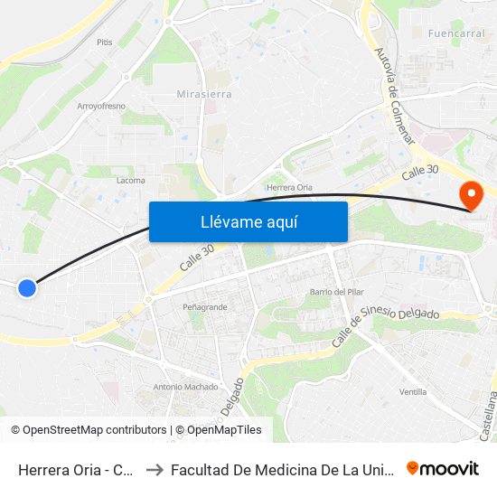 Herrera Oria - Camino Fuencarral to Facultad De Medicina De La Universidad Autónoma De Madrid map