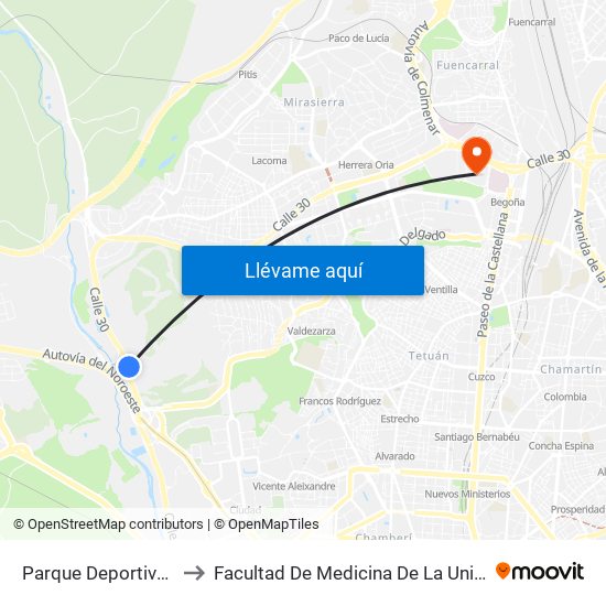 Parque Deportivo Puerta De Hierro to Facultad De Medicina De La Universidad Autónoma De Madrid map