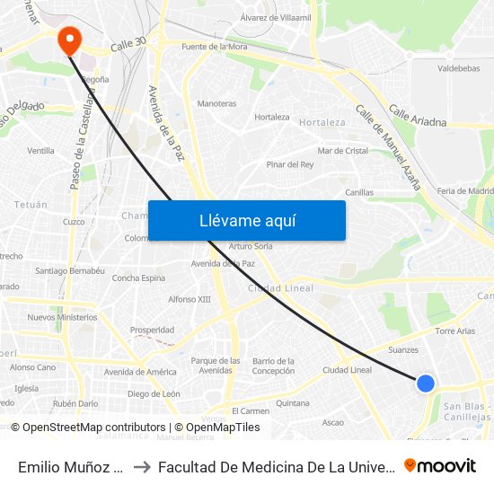 Emilio Muñoz - Miguel Yuste to Facultad De Medicina De La Universidad Autónoma De Madrid map