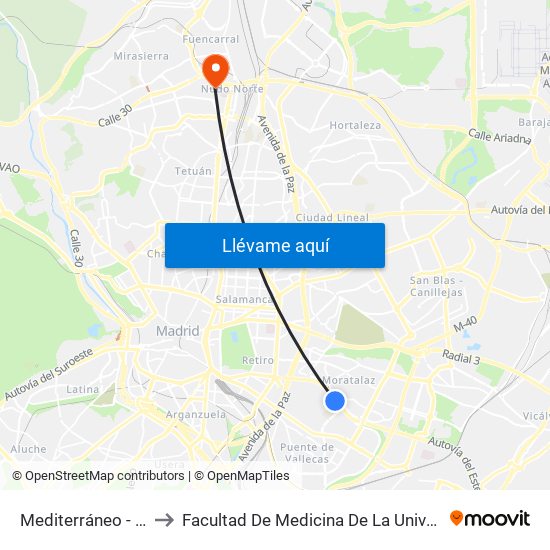 Mediterráneo - Pérez De Ayala to Facultad De Medicina De La Universidad Autónoma De Madrid map