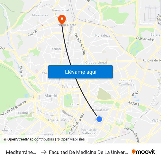 Mediterráneo - Pío Felipe to Facultad De Medicina De La Universidad Autónoma De Madrid map