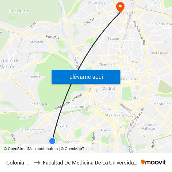 Colonia Aviación to Facultad De Medicina De La Universidad Autónoma De Madrid map