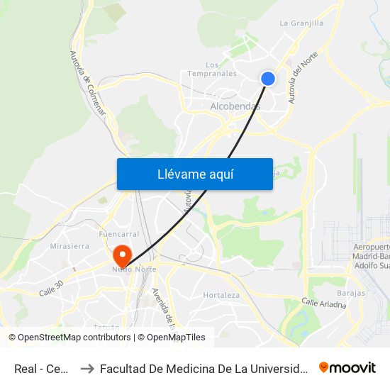 Real - Cementerio to Facultad De Medicina De La Universidad Autónoma De Madrid map