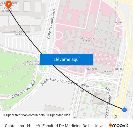 Castellana - Hospital La Paz to Facultad De Medicina De La Universidad Autónoma De Madrid map