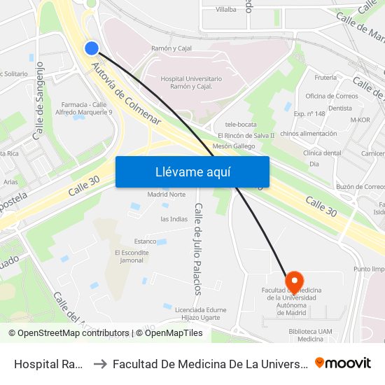 Hospital Ramón Y Cajal to Facultad De Medicina De La Universidad Autónoma De Madrid map