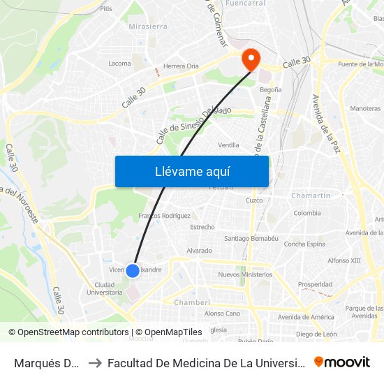 Marqués De Comillas to Facultad De Medicina De La Universidad Autónoma De Madrid map