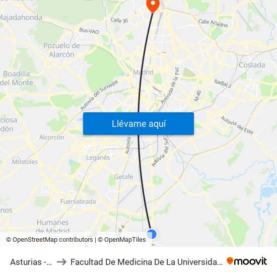 Asturias - Piscina to Facultad De Medicina De La Universidad Autónoma De Madrid map
