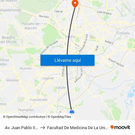 Av. Juan Pablo II - Manuel De Falla to Facultad De Medicina De La Universidad Autónoma De Madrid map