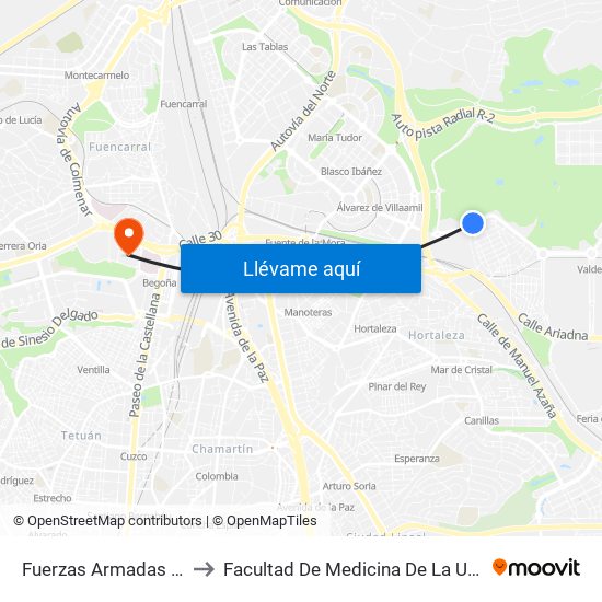 Fuerzas Armadas - Parque Valdebebas to Facultad De Medicina De La Universidad Autónoma De Madrid map