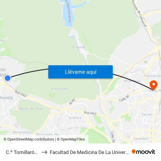 C.º Tomillarón - San Pablo to Facultad De Medicina De La Universidad Autónoma De Madrid map