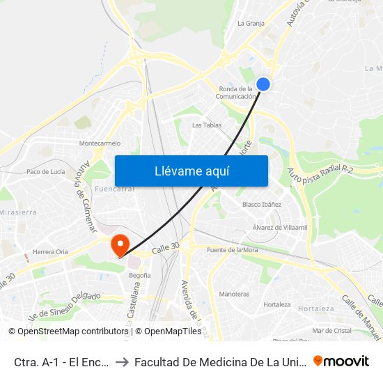 Ctra. A-1 - El Encinar De Los Reyes to Facultad De Medicina De La Universidad Autónoma De Madrid map