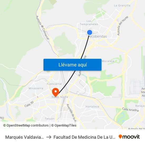 Marqués Valdavia - Jacinto Benavente to Facultad De Medicina De La Universidad Autónoma De Madrid map