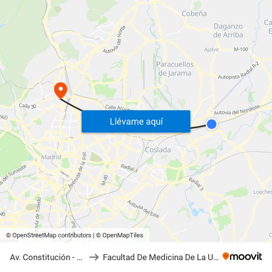 Av. Constitución - Est. Torrejón De Ardoz to Facultad De Medicina De La Universidad Autónoma De Madrid map
