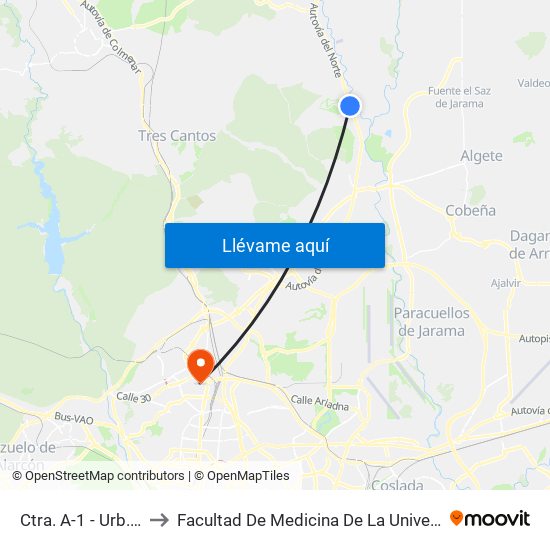 Ctra. A-1 - Urb. Ciudalcampo to Facultad De Medicina De La Universidad Autónoma De Madrid map