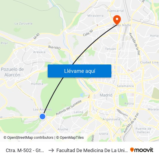 Ctra. M-502 - Gta. Arroyo Meaques to Facultad De Medicina De La Universidad Autónoma De Madrid map