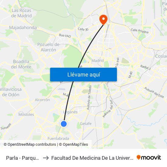 Parla - Parque Polvoranca to Facultad De Medicina De La Universidad Autónoma De Madrid map