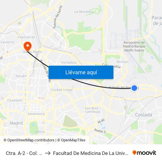 Ctra. A-2 - Col. Fin De Semana to Facultad De Medicina De La Universidad Autónoma De Madrid map