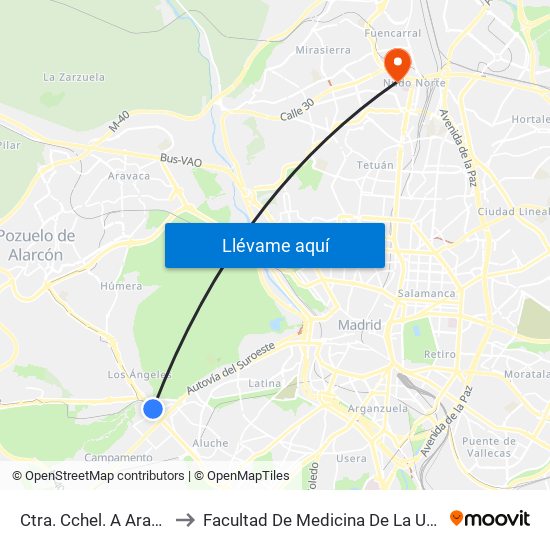 Ctra. Cchel. A Aravaca - Colonia Jardín to Facultad De Medicina De La Universidad Autónoma De Madrid map