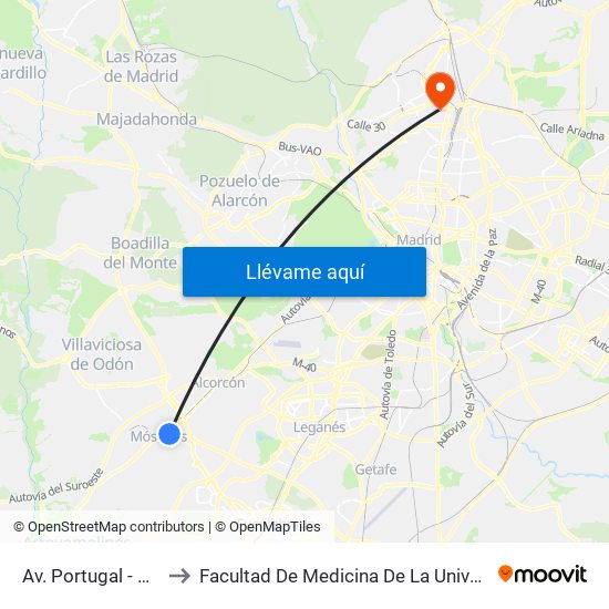 Av. Portugal - Av. Cerro Prieto to Facultad De Medicina De La Universidad Autónoma De Madrid map