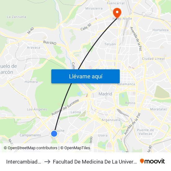 Intercambiador De Aluche to Facultad De Medicina De La Universidad Autónoma De Madrid map