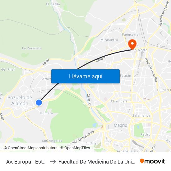 Av. Europa - Est. Avenida Europa to Facultad De Medicina De La Universidad Autónoma De Madrid map