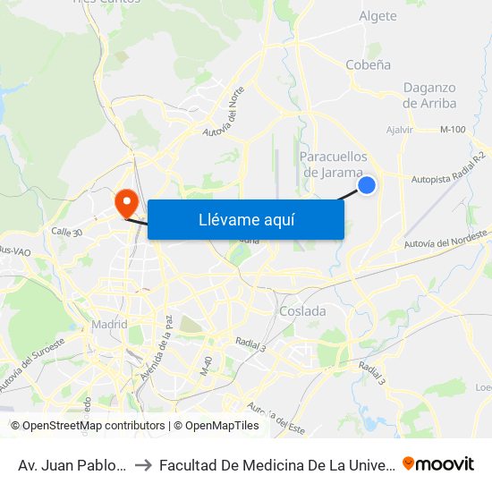 Av. Juan Pablo II - Los Andes to Facultad De Medicina De La Universidad Autónoma De Madrid map