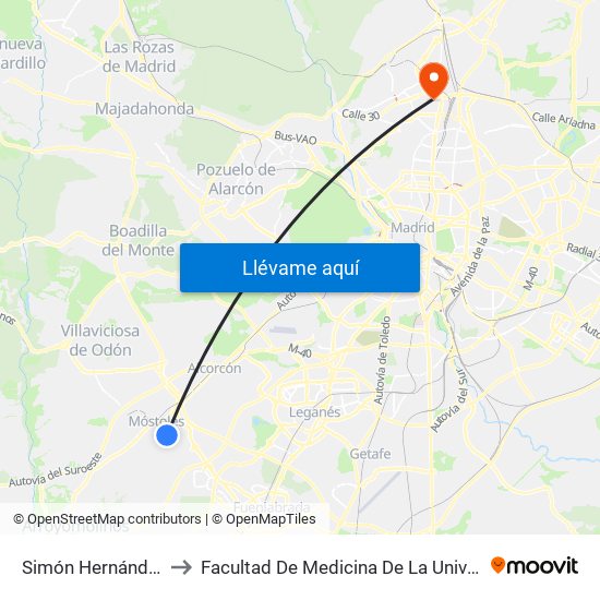 Simón Hernández - Las Palmas to Facultad De Medicina De La Universidad Autónoma De Madrid map