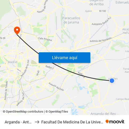 Arganda - Antonio Machado to Facultad De Medicina De La Universidad Autónoma De Madrid map