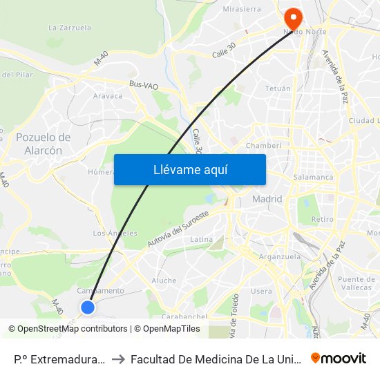 P.º Extremadura - Cuatro Vientos to Facultad De Medicina De La Universidad Autónoma De Madrid map