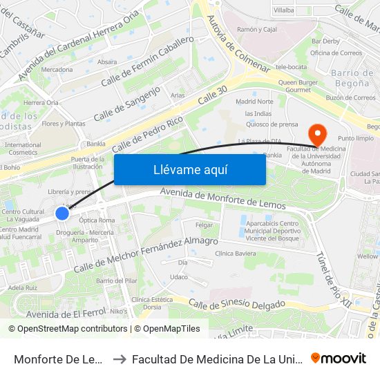 Monforte De Lemos - La Vaguada to Facultad De Medicina De La Universidad Autónoma De Madrid map