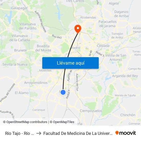 Río Tajo - Río Guadarrama to Facultad De Medicina De La Universidad Autónoma De Madrid map