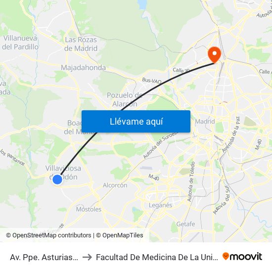 Av. Ppe. Asturias - Centro De Salud to Facultad De Medicina De La Universidad Autónoma De Madrid map