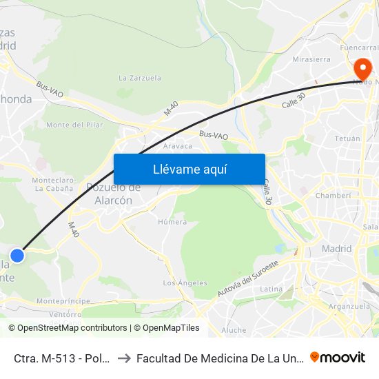 Ctra. M-513 - Polideportivo Piscinas to Facultad De Medicina De La Universidad Autónoma De Madrid map
